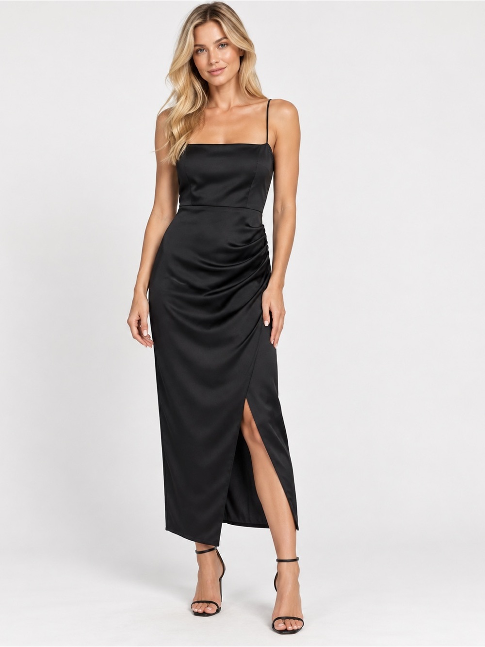 NWT ZARA Bloggers Favorite Satin Black Spaghetti-Strap Midi Dress